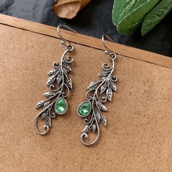 Boho Emerald Filigree Leaf Dangle Earrings - Picture 3 of 6